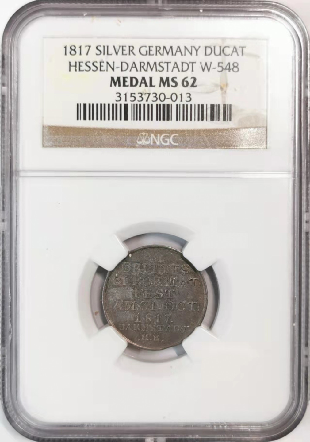 凡希社世界钱币微拍第一百七十六期 荐！1817黑森达姆斯特杜卡特银币NGC-MS62铁灰色包浆！