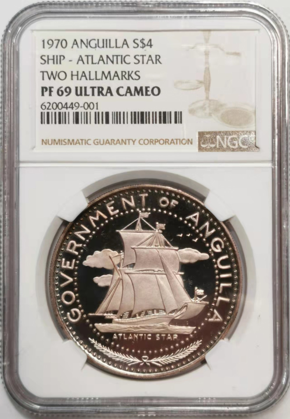 凡希社世界钱币微拍第一百七十六期 荐！1970安圭拉大西洋之星号4元大银精铸NGC-PF69UC少见双银标版！