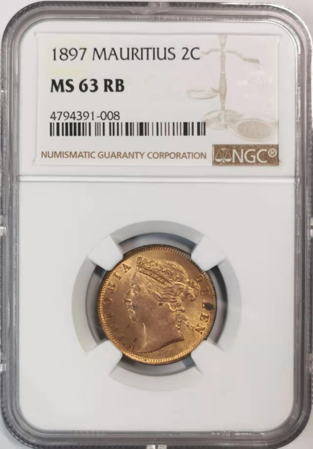 凡希社世界钱币微拍第一百七十六期 1897英属毛里求斯小维2分NGC-MS63RB