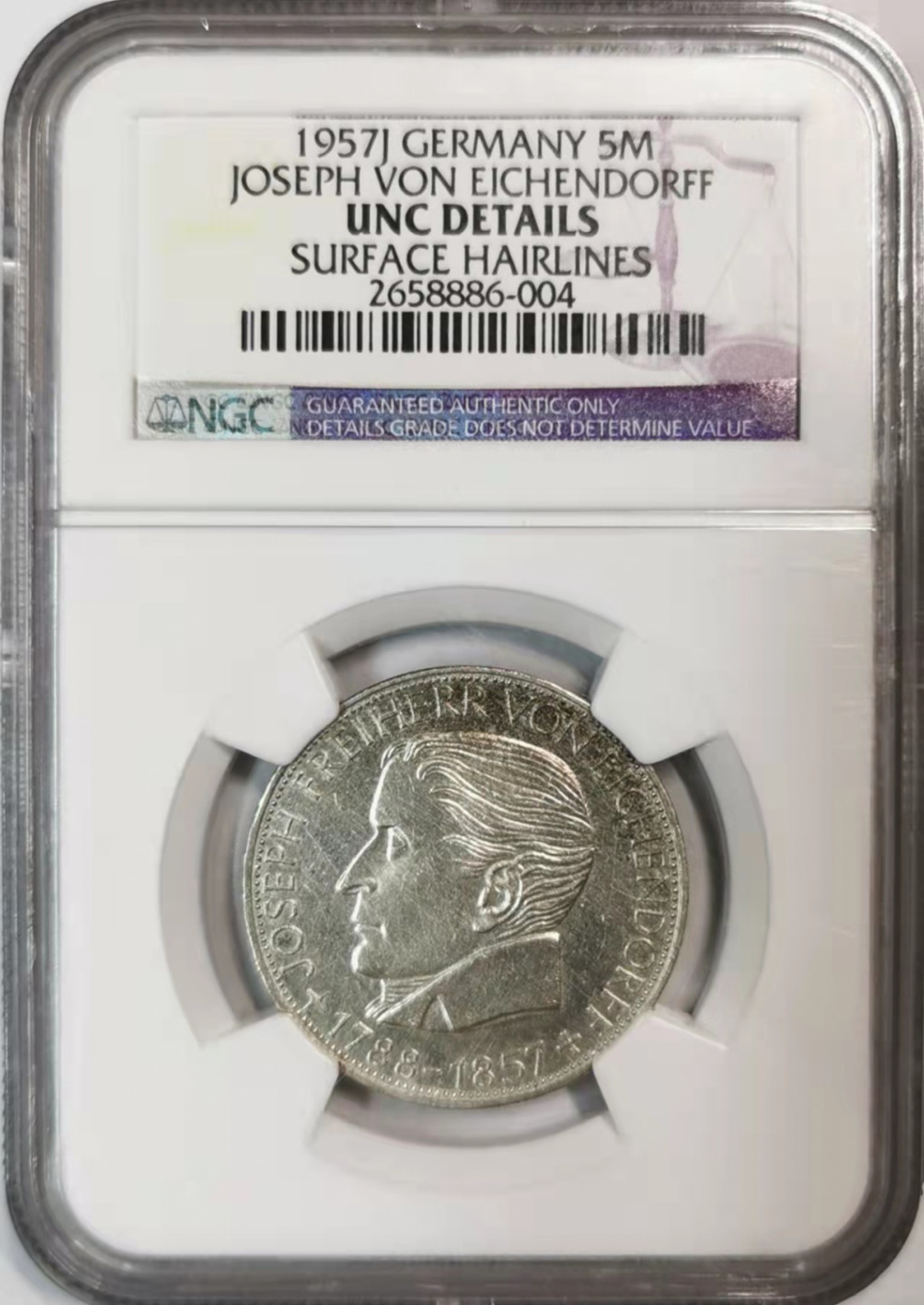 凡希社世界钱币微拍第一百七十六期 1957西德5马克纪念银币NGC-UNCD