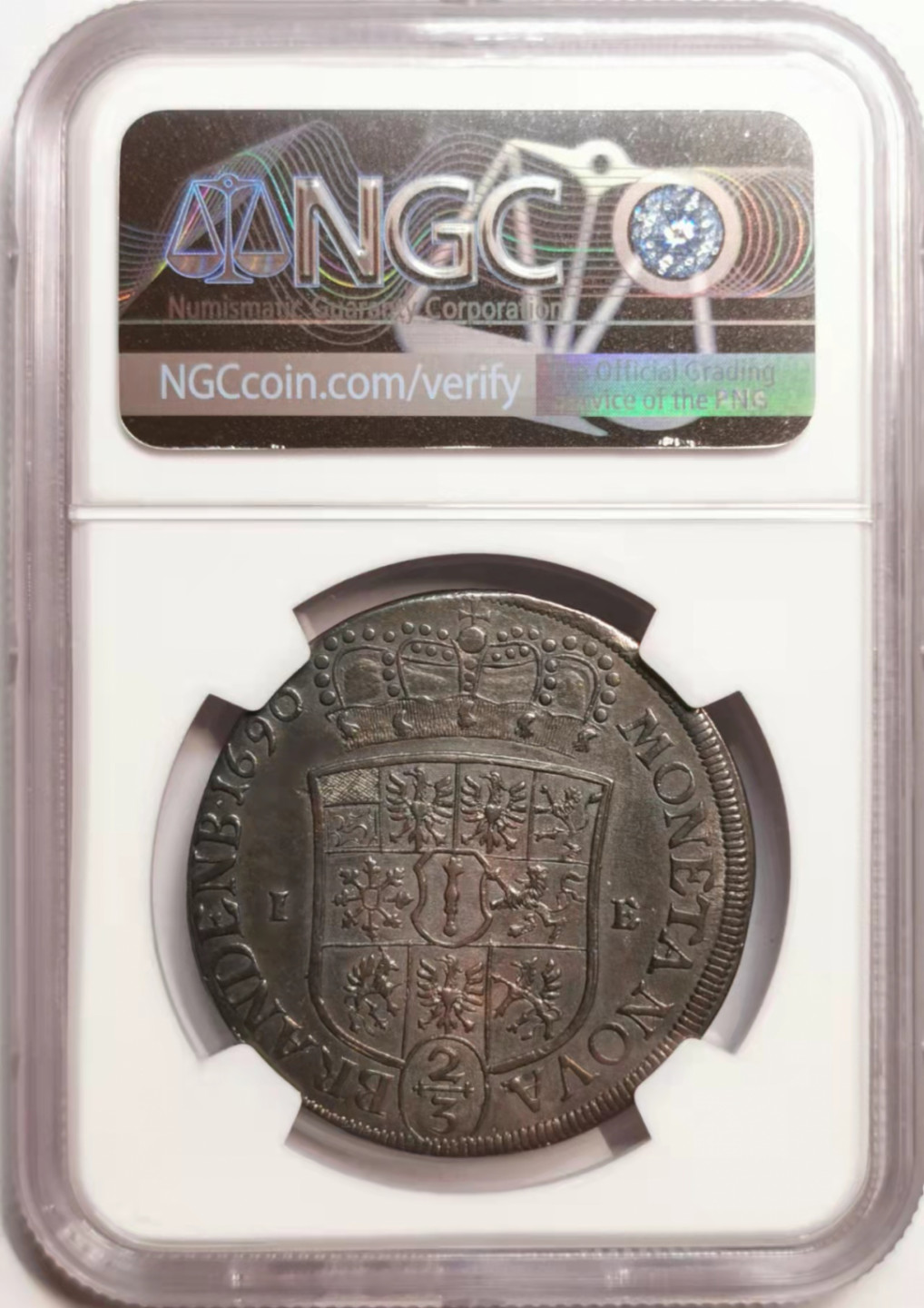 凡希社世界钱币微拍第一百七十六期 1690勃兰登堡普鲁士公国腓特烈三世2/3泰勒NGC-AUD实物漂亮！