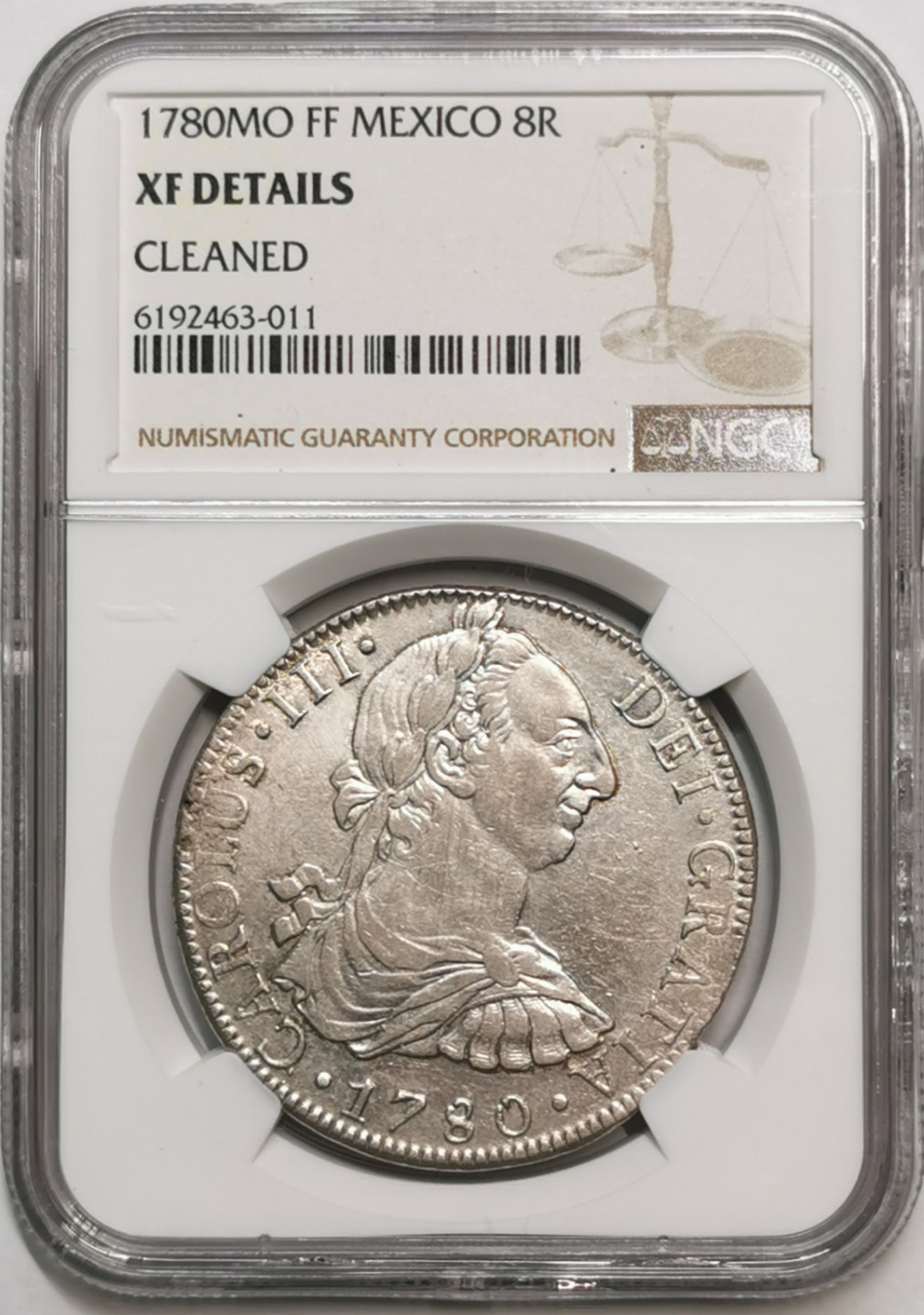 凡希社世界钱币微拍第一百七十六期 1780墨西哥卡三双柱NGC-XFD清洗