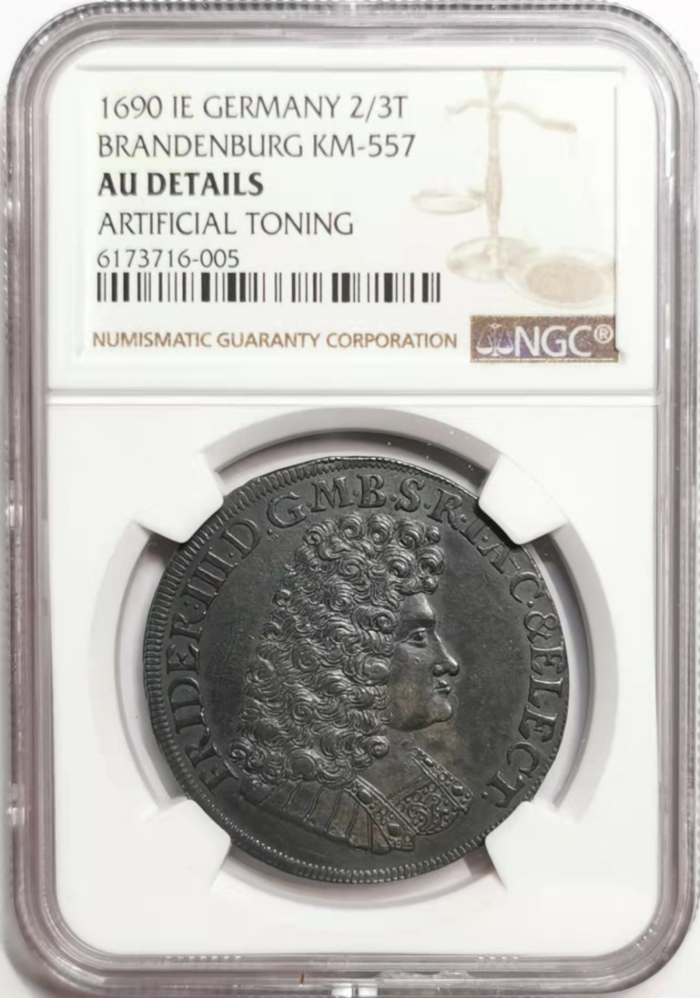 凡希社世界钱币微拍第一百七十六期 1690勃兰登堡普鲁士公国腓特烈三世2/3泰勒NGC-AUD实物漂亮！