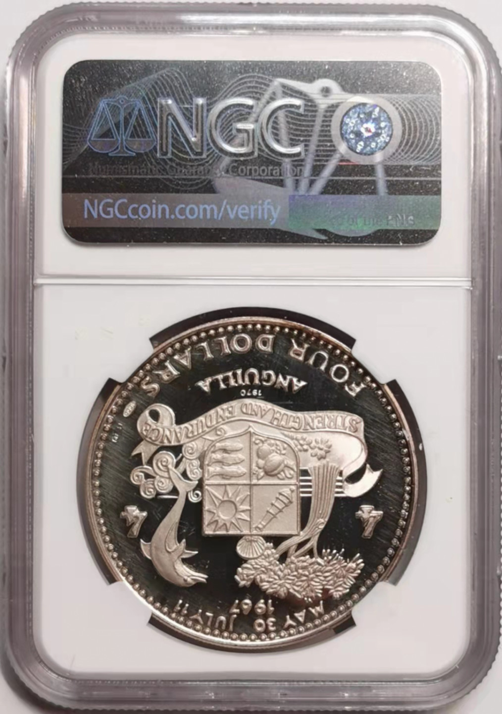 凡希社世界钱币微拍第一百七十六期 荐！1970安圭拉大西洋之星号4元大银精铸NGC-PF69UC少见双银标版！