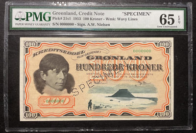 小福收藏拍卖第37期 外钞PMG评级币精选场 本期有格陵兰岛53年100克朗样钞冠军分  巴林73年10第纳尔 马恩岛1979年20镑首版  哈萨克斯坦雪豹 以及多国高分少见纸币 - 格陵兰岛 1953年 100克朗 样钞 稀有 PMG65 EPQ 唯二冠军分!!!