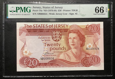 小福收藏拍卖第37期 外钞PMG评级币精选场 本期有格陵兰岛53年100克朗样钞冠军分  巴林73年10第纳尔 马恩岛1979年20镑首版  哈萨克斯坦雪豹 以及多国高分少见纸币 - 泽西岛 1976-88年 20镑 高冠女王 最高值 PMG66 EPQ