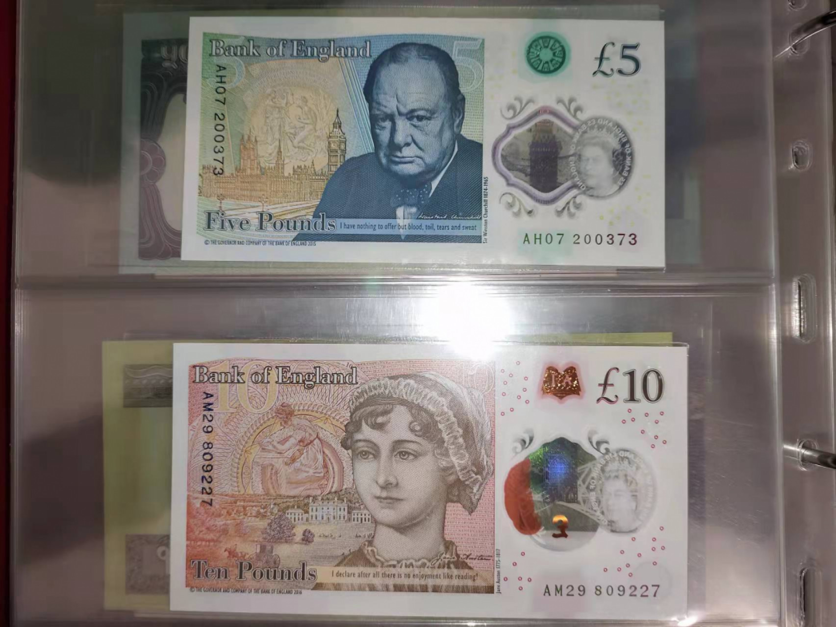国内外纸币 全新UNC塑料钞5英镑+10英镑，号码如图