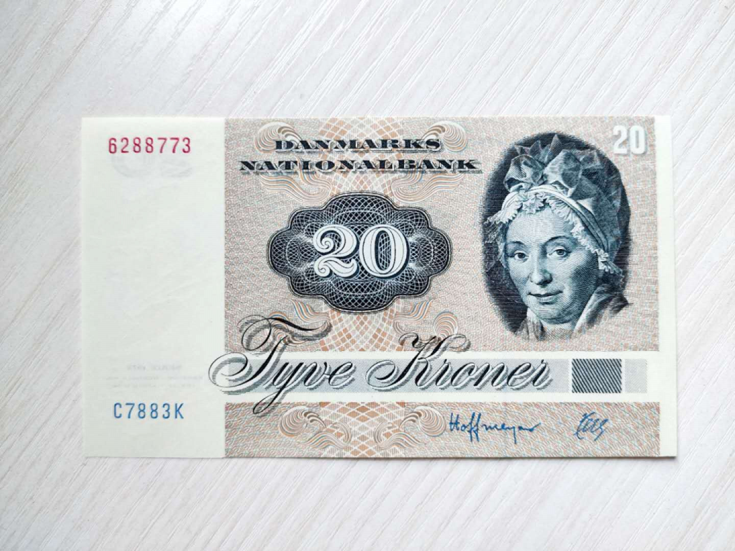 国内外纸币 全新UNC1972丹麦纸币20克朗1张