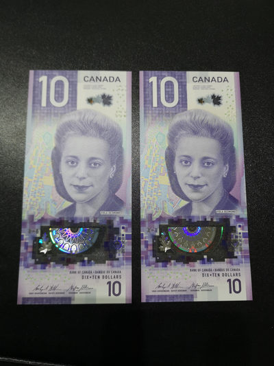 《外钞收藏家》第一百四十四期拍卖（本期85件） - 加拿大最新版塑料钞 10元 两连号 全新UNC