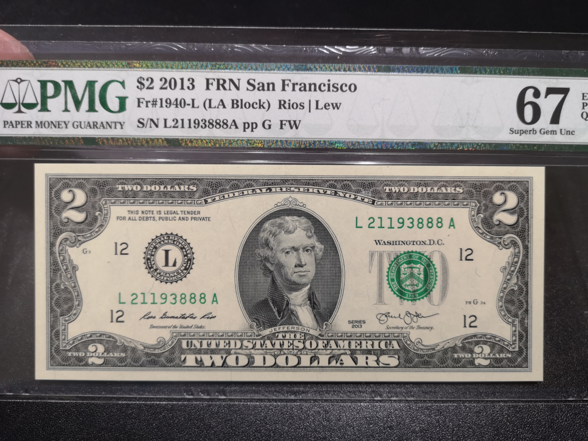 《外钞收藏家》第一百四十四期拍卖（本期85件） 2013年2美元 888豹子号 PMG67