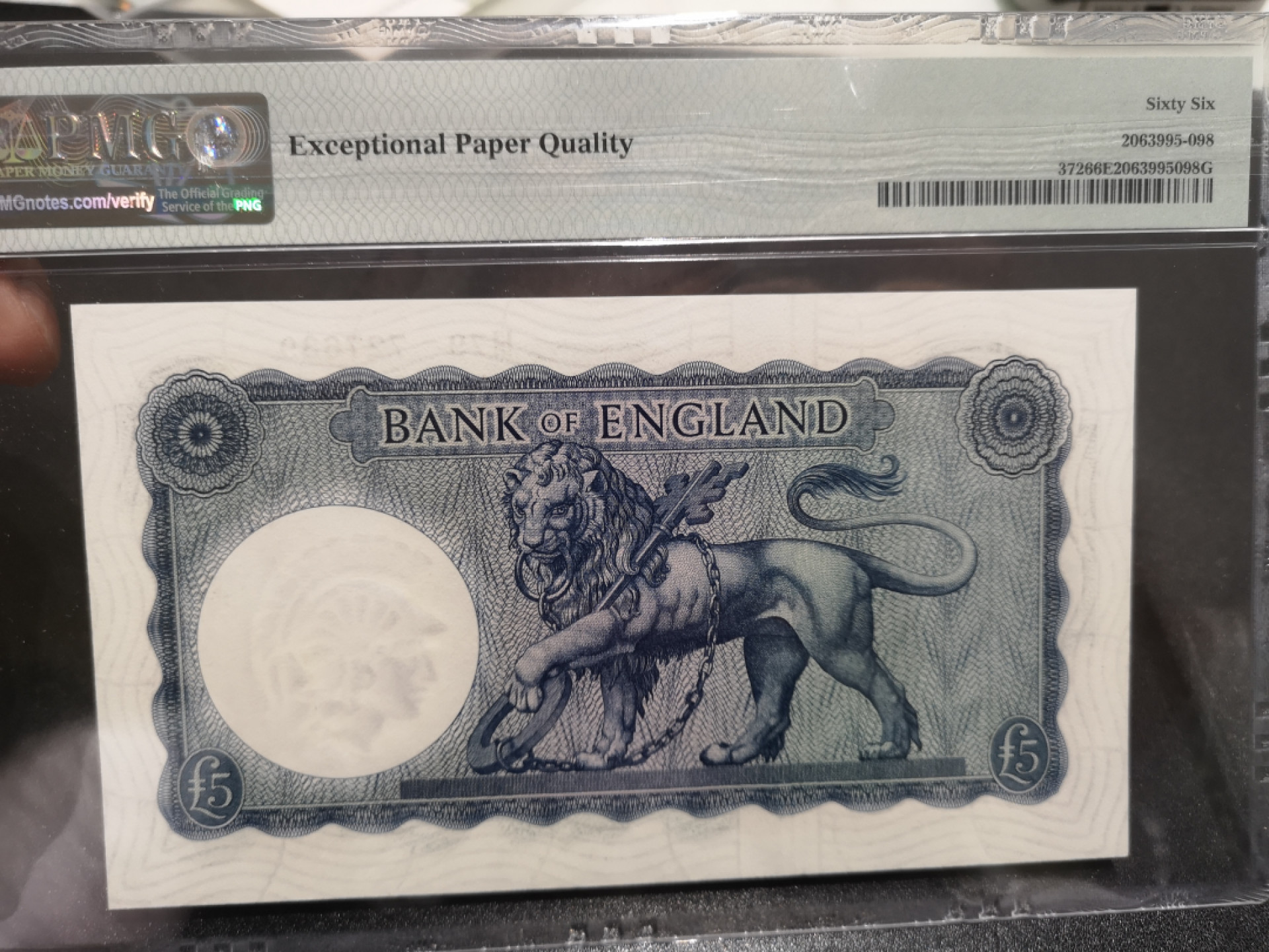 《外钞收藏家》第一百四十四期拍卖（本期85件） 1961-63年英国B序列5镑 PMG66