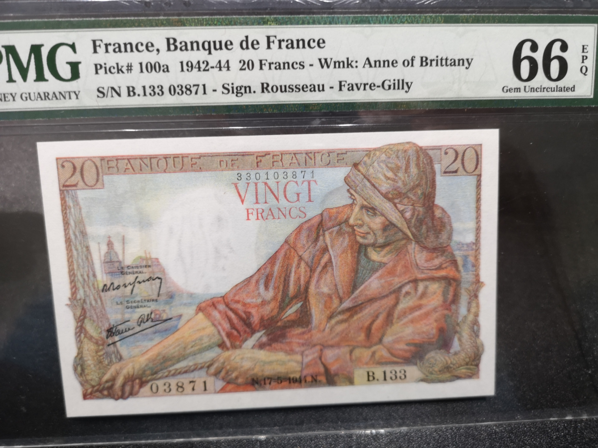 《外钞收藏家》第一百四十四期拍卖（本期85件） 1944年法国20法郎 PMG66