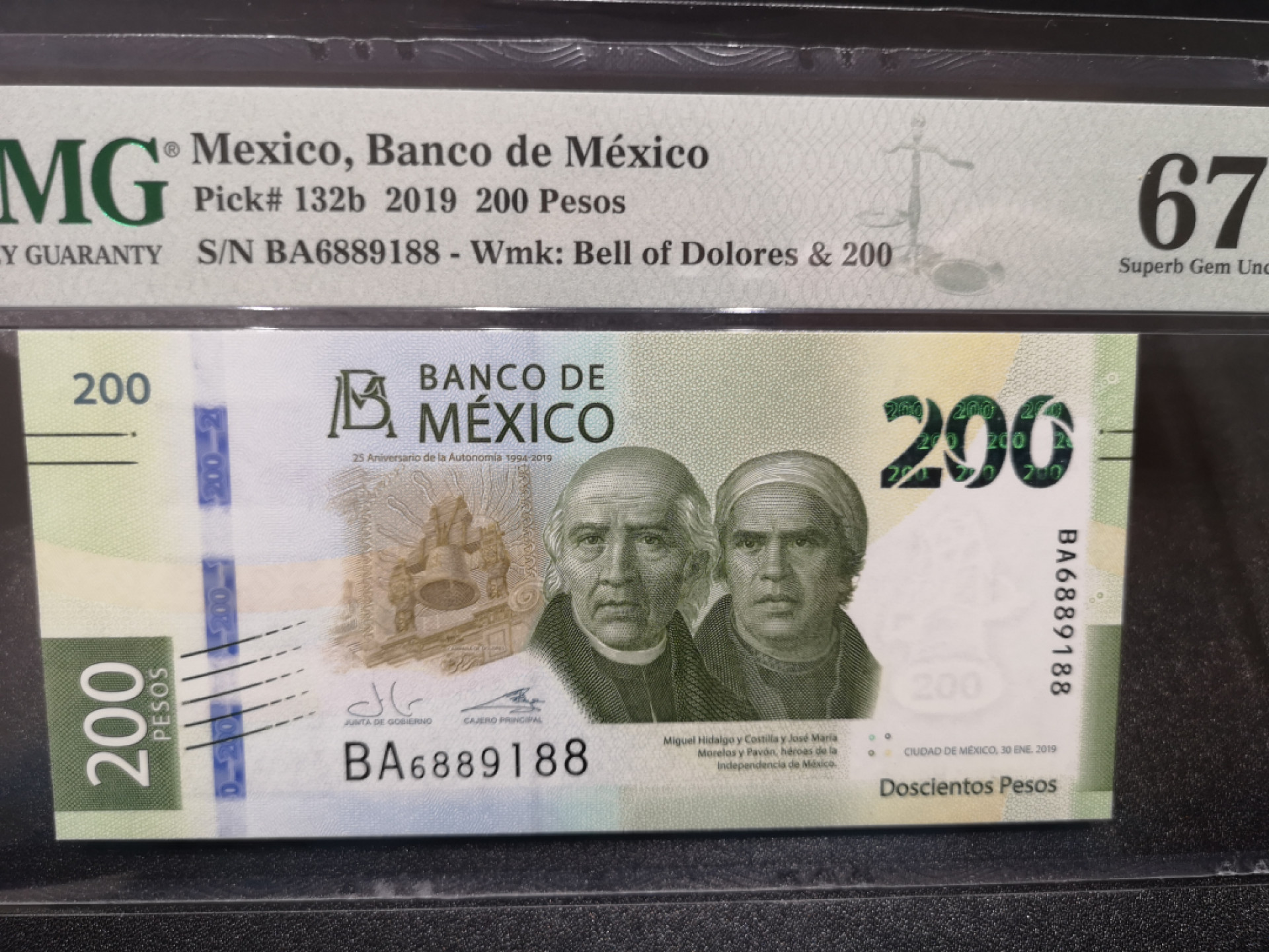 《外钞收藏家》第一百四十四期拍卖（本期85件） 2019年墨西哥200比索 PMG67 无47尾88