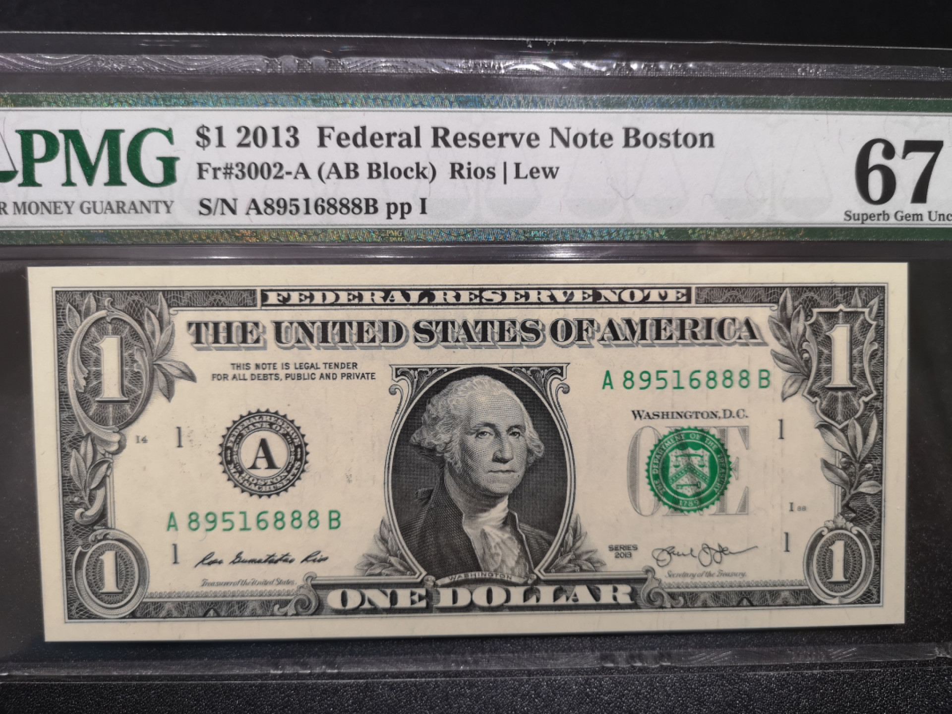 《外钞收藏家》第一百四十四期拍卖（本期85件） 2013年1美元 A冠无47 888豹子号 PMG67