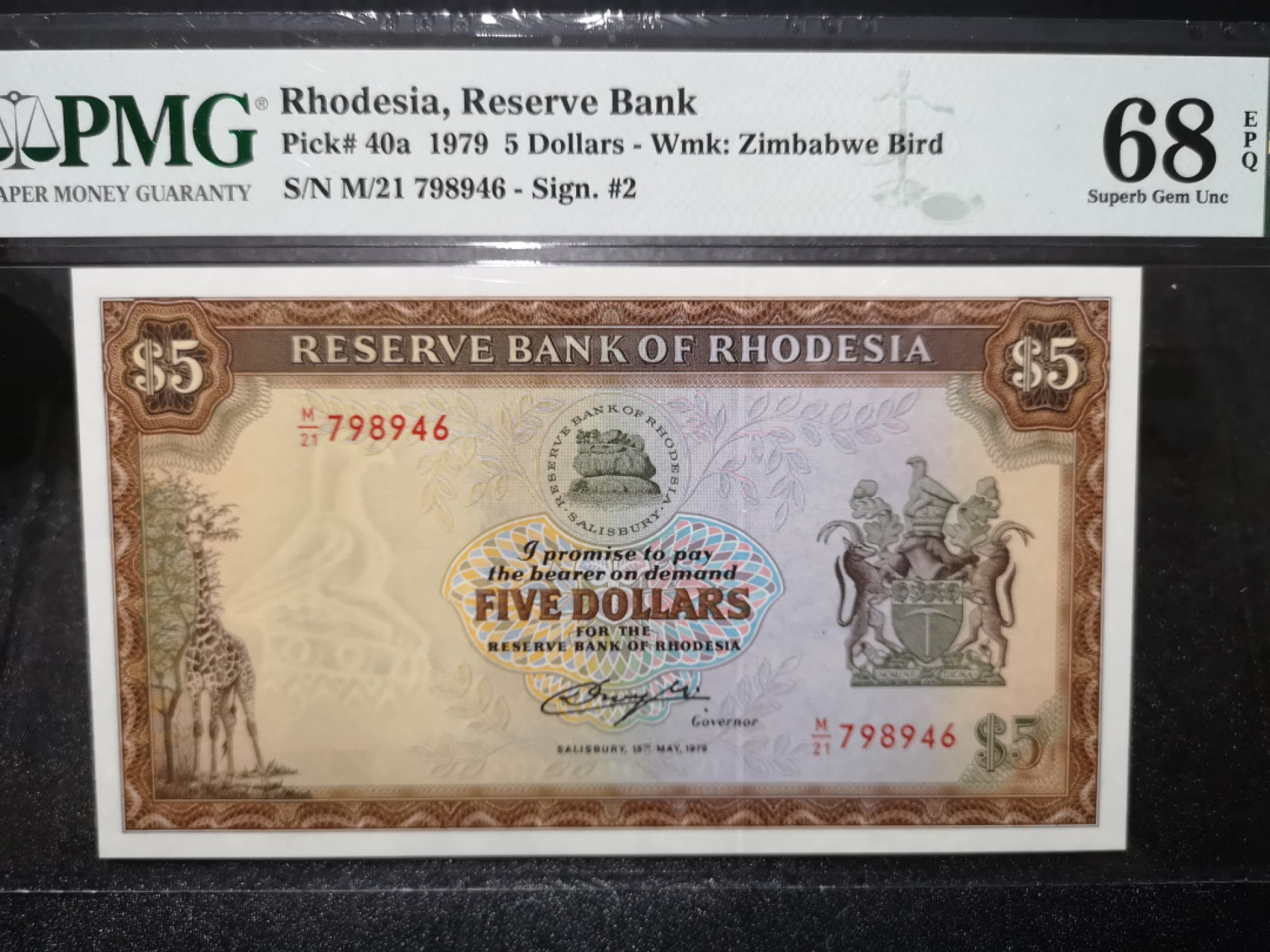 《外钞收藏家》第一百四十四期拍卖（本期85件） 1979年罗得西亚5刀 PMG68 超高分