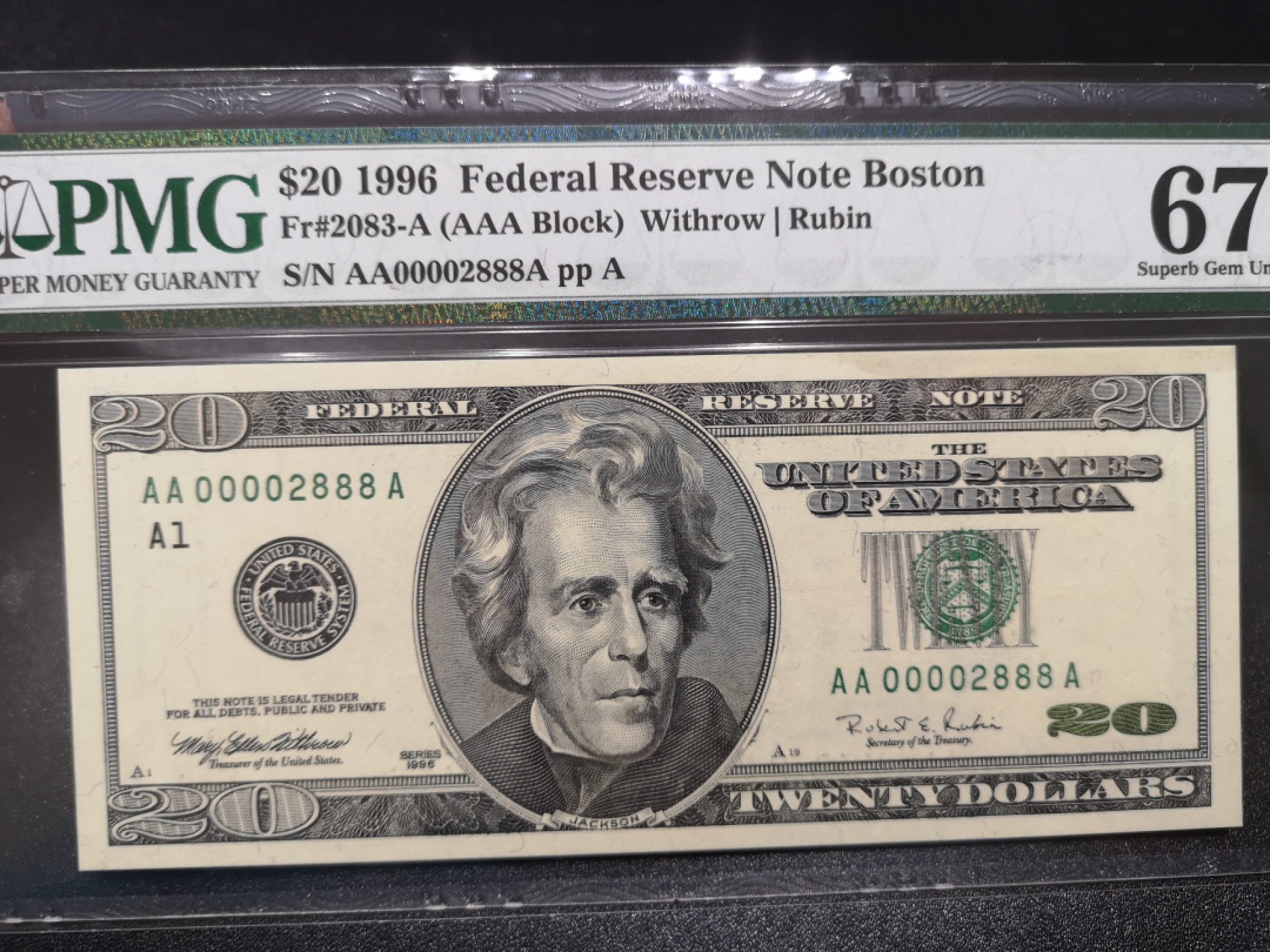 《外钞收藏家》第一百四十四期拍卖（本期85件） 1996年大头20美元 AAA冠2888千位豹子号 PMG67