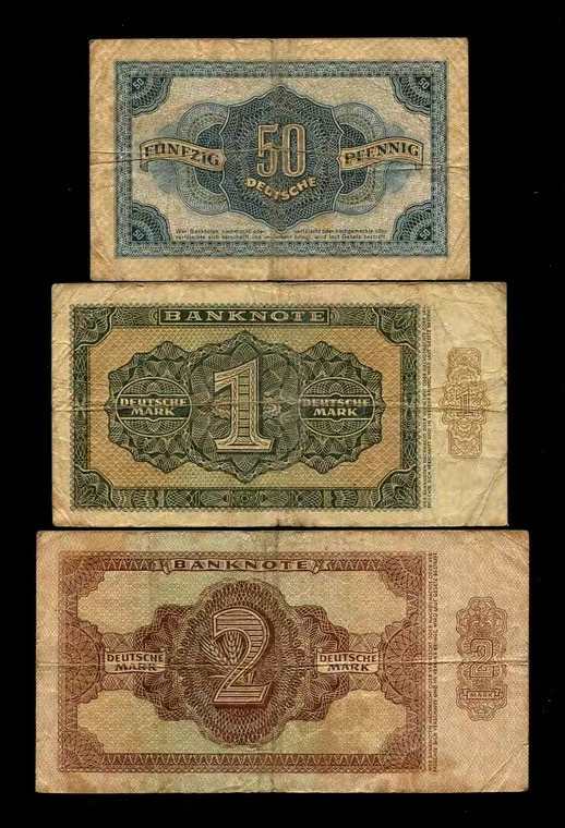 世界钱币收藏总仓 民主德国（东德）1948年50芬尼，1马克，2马克 小面值一组原票