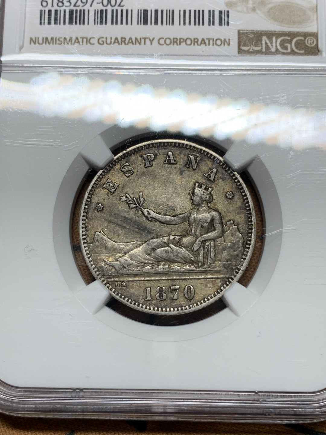 《竞宝斋》钱币微拍-第13场-本周日，周一2场连拍（全场顺丰包邮） NGC-XF45 西班牙 1870年 坐花 小双柱 2比塞塔 原味老包浆银币 可以和大的配对