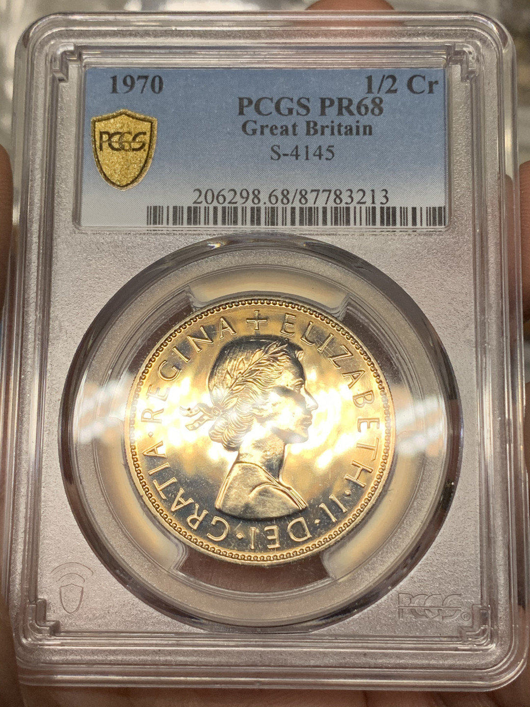 《竞宝斋》钱币微拍-第13场-本周日，周一2场连拍（全场顺丰包邮） PCGS-PR68 英国 1970年 精制半克朗 铜镍币，最后的半克朗，也是价格最低的精制半克朗。