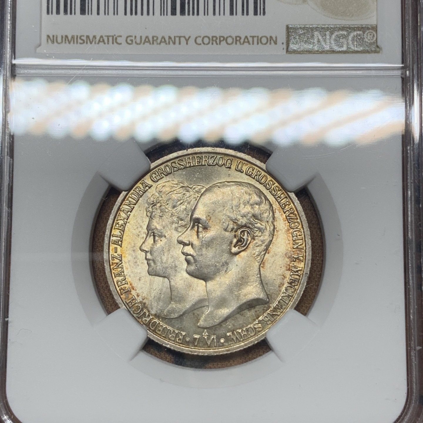 《竞宝斋》钱币微拍-第13场-本周日，周一2场连拍（全场顺丰包邮） NGC-MS64 德国梅克伦堡 1904-A年 2马克 银币 金色包浆 顶级分数