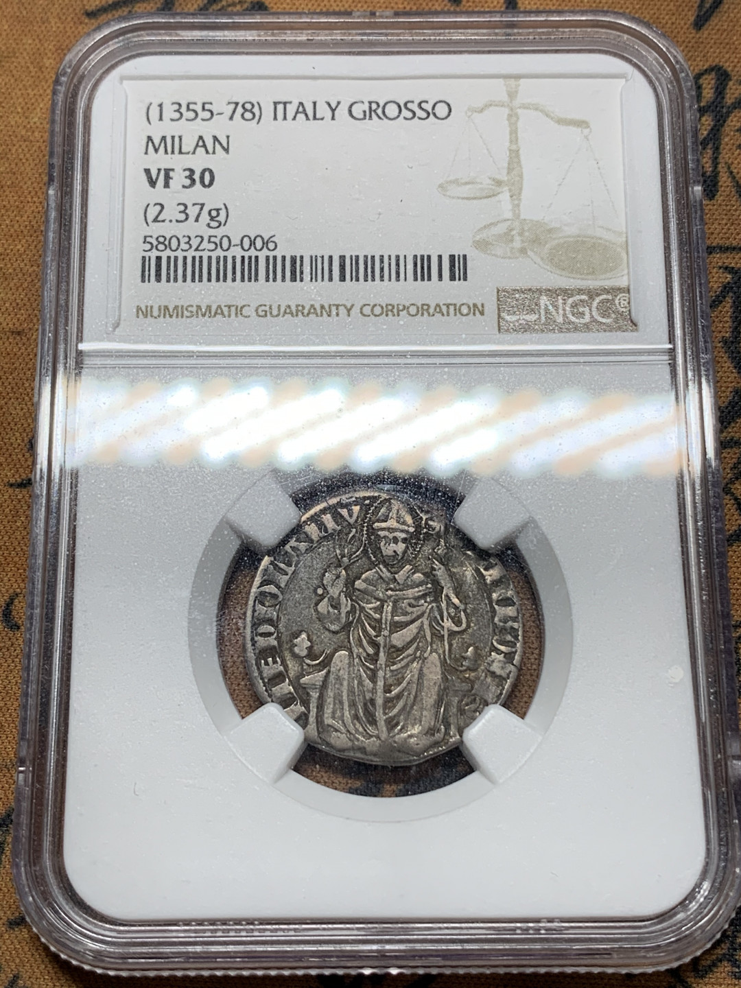 《竞宝斋》钱币微拍-第13场-本周日，周一2场连拍（全场顺丰包邮） NGC-VF30 稀少 意大利 米兰 中世纪（1382-1400年期间）1格罗索 银币 细节清晰