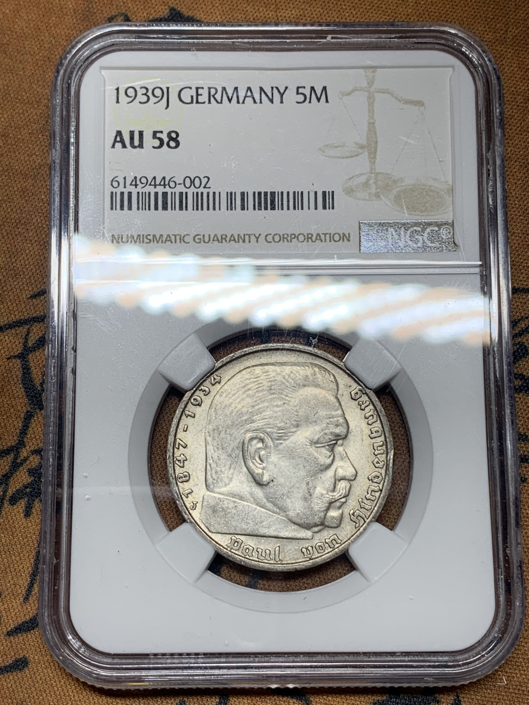 《竞宝斋》钱币微拍-第13场-本周日，周一2场连拍（全场顺丰包邮） NGC-AU58 德国 1939-J年 兴登堡5马克 银币 原光好品