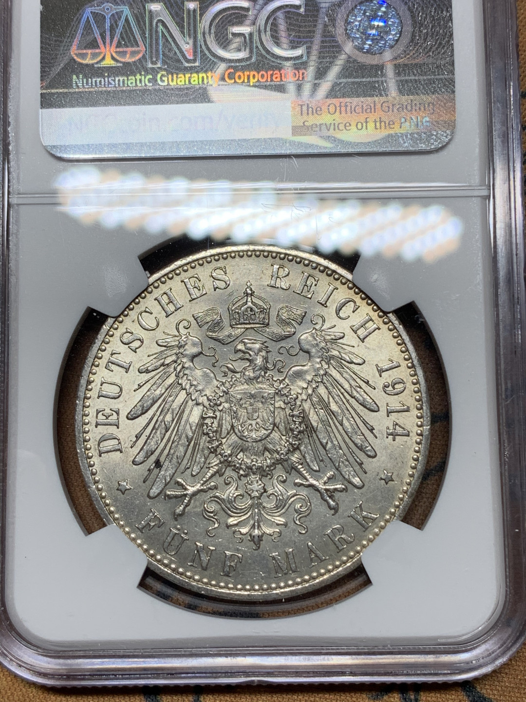 《竞宝斋》钱币微拍-第13场-本周日，周一2场连拍（全场顺丰包邮） NGC-MS61 德国普鲁士 1914-A年 军装版 5马克 银币 原光好品