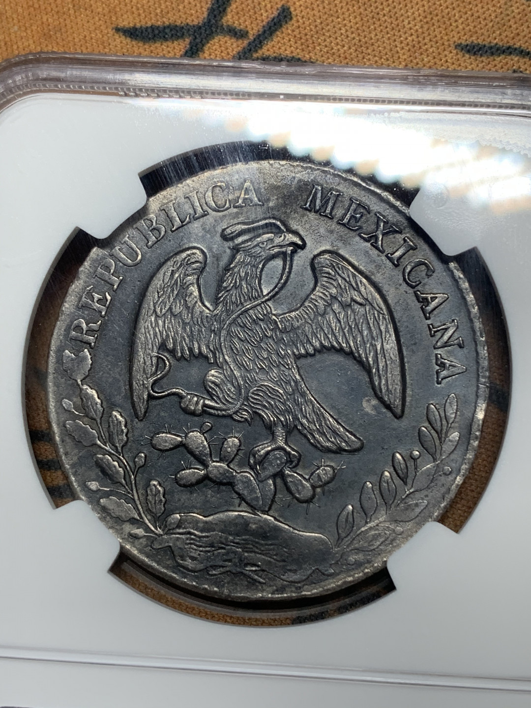 《竞宝斋》钱币微拍-第13场-本周日，周一2场连拍（全场顺丰包邮） NGC-AUD 墨西哥 1874年 8 里亚尔  埃西莫约厂银币黑彩HO厂老鹰 好版别老鹰