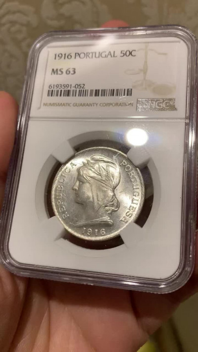 《竞宝斋》钱币微拍-第13场-本周日，周一2场连拍（全场顺丰包邮） NGC-MS63 葡萄牙 1916年 50分 谷物女神 银币 霜光好看 出厂状态，送PCGS或可以得到更高的分数。埃斯库多最近拍卖价都不低。女神漂亮，值得收藏