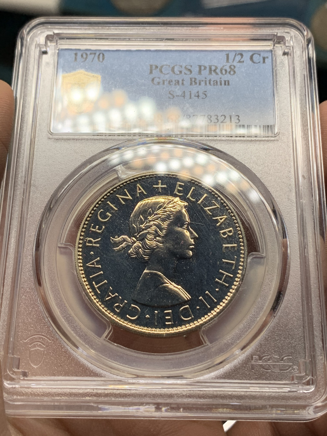 《竞宝斋》钱币微拍-第13场-本周日，周一2场连拍（全场顺丰包邮） PCGS-PR68 英国 1970年 精制半克朗 铜镍币，最后的半克朗，也是价格最低的精制半克朗。