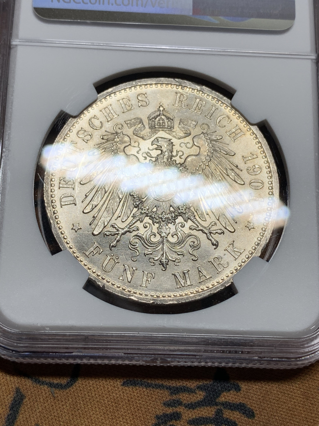 《竞宝斋》钱币微拍-第13场-本周日，周一2场连拍（全场顺丰包邮） NGC-MS64 德国普鲁士 1901-A年 200周年纪念 5马克 银币 转光 顶级品相