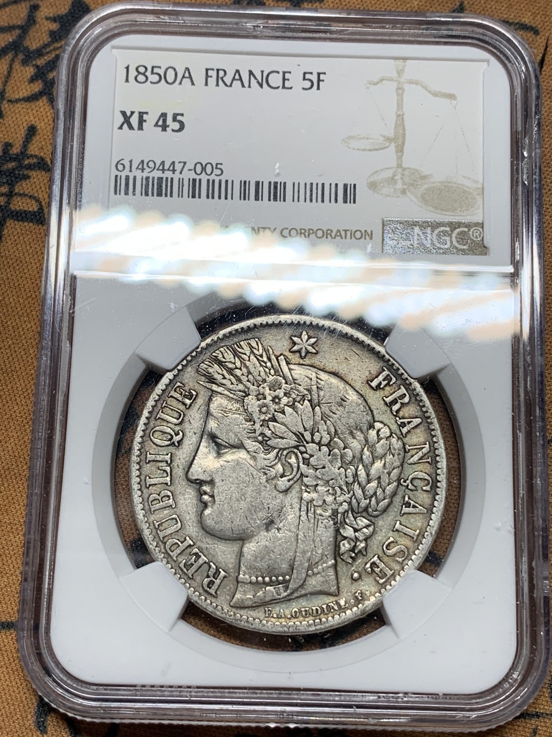 《竞宝斋》钱币微拍-第13场-本周日，周一2场连拍（全场顺丰包邮） NGC-XF45 法国 1850-A年 谷物女神 5法郎 银币 原味好品 出分难