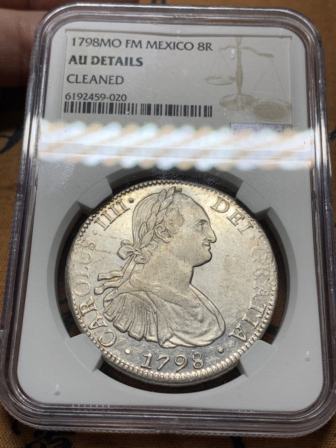 《竞宝斋》钱币微拍-第13场-本周日，周一2场连拍（全场顺丰包邮） NGC-AUD 墨西哥 1798年 MO FM 版 卡四 8R 大银币 人物眼神犀利，发髻清晰，背面有PL感