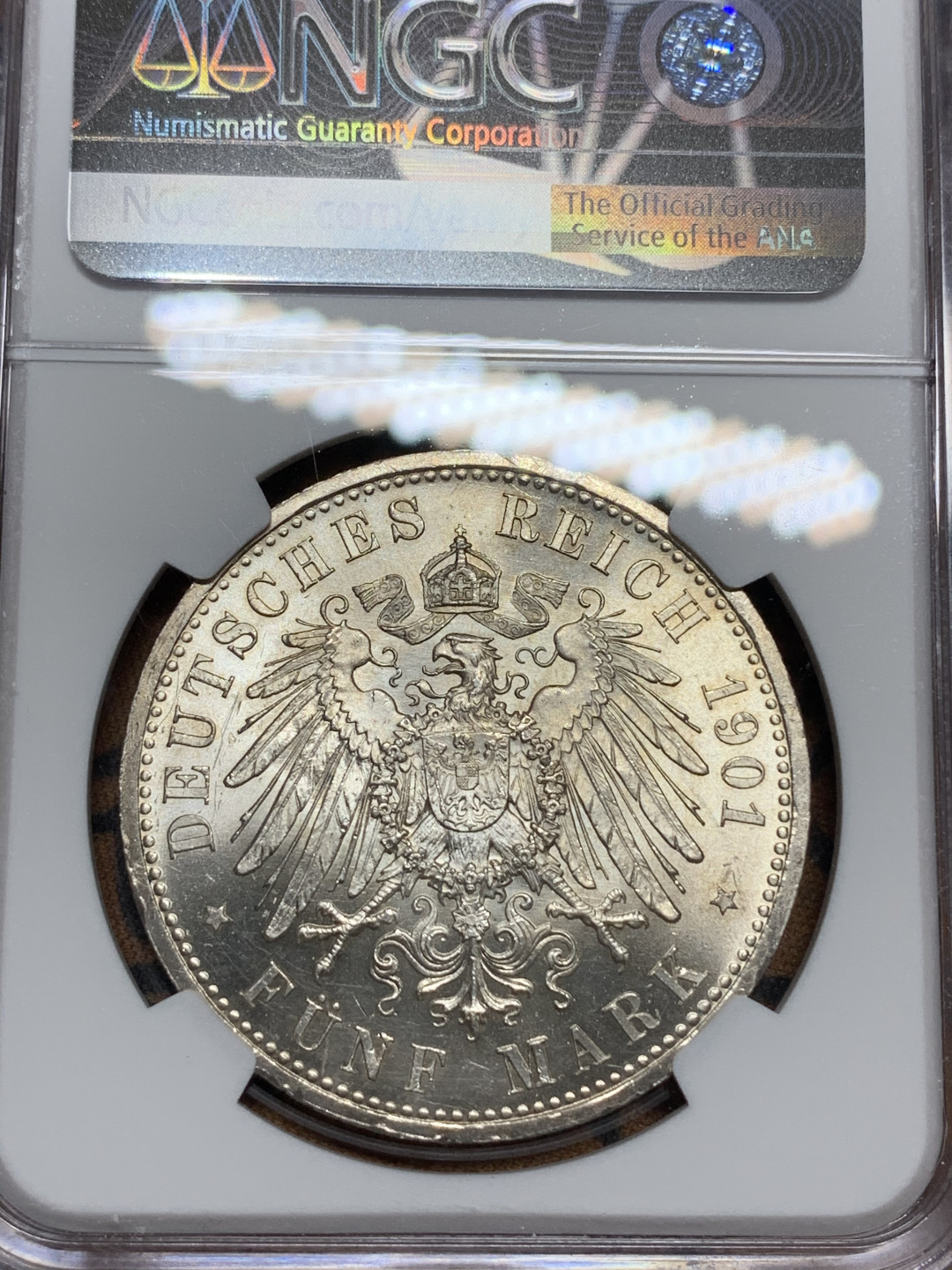 《竞宝斋》钱币微拍-第13场-本周日，周一2场连拍（全场顺丰包邮） NGC-MS64 德国普鲁士 1901-A年 200周年纪念 5马克 银币 转光 顶级品相