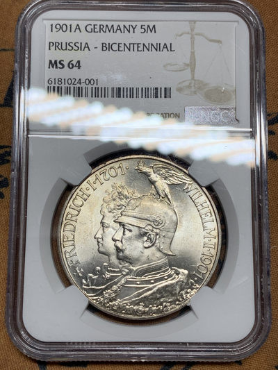 《竞宝斋》钱币微拍-第13场-本周日，周一2场连拍（全场顺丰包邮） - NGC-MS64 德国普鲁士 1901-A年 200周年纪念 5马克 银币 转光 顶级品相