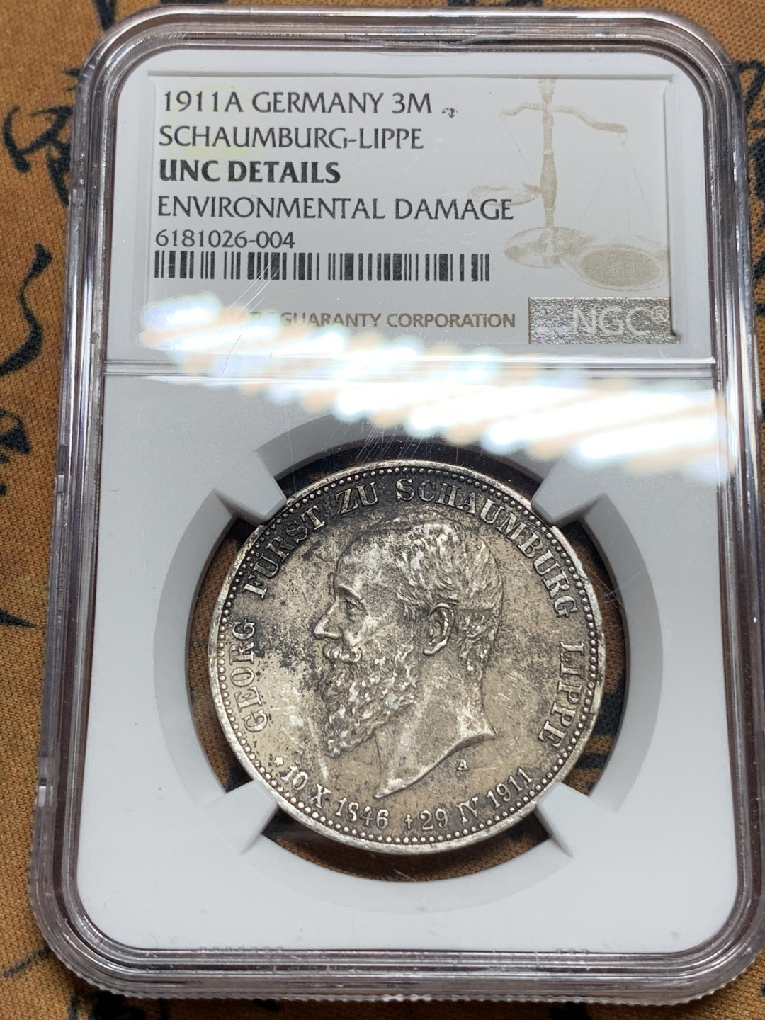 《竞宝斋》钱币微拍-第13场-本周日，周一2场连拍（全场顺丰包邮） NGC-UNC 德国 1911-A年 绍姆堡-利珀 3马克 银币 状态见图
