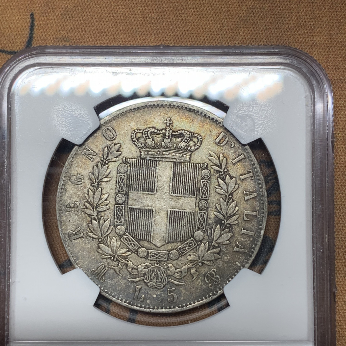 《竞宝斋》钱币微拍-第13场-本周日，周一2场连拍（全场顺丰包邮） NGC-XF45 意大利 1871-M年 5里拉 银币原味带彩 好品