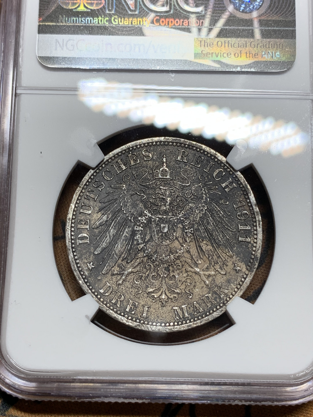 《竞宝斋》钱币微拍-第13场-本周日，周一2场连拍（全场顺丰包邮） NGC-UNC 德国 1911-A年 绍姆堡-利珀 3马克 银币 状态见图