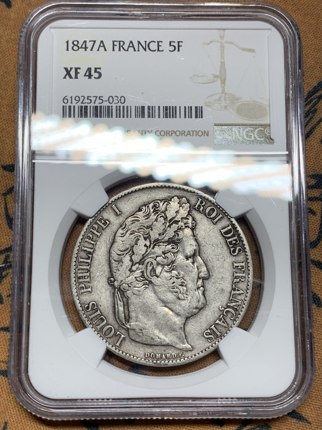 《竞宝斋》钱币微拍-第13场-本周日，周一2场连拍（全场顺丰包邮） NGC-XF45 法国1847-A年 菲利普 5法郎 原味好品银币 这个品种出分就是太难了