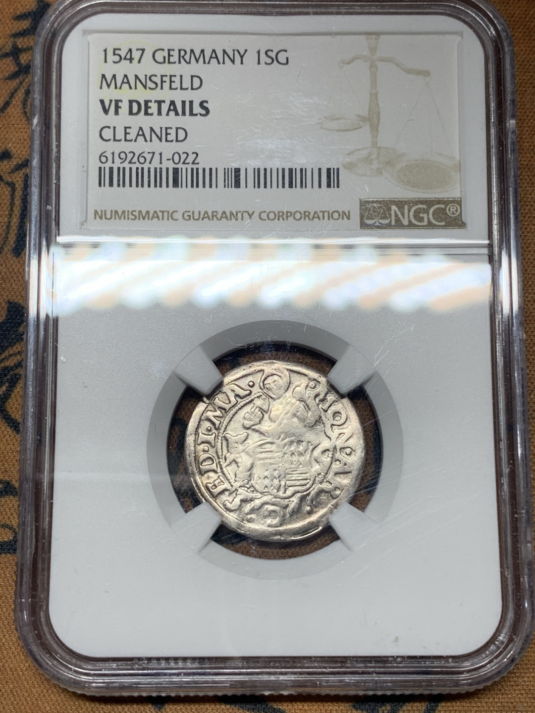 《竞宝斋》钱币微拍-第13场-本周日，周一2场连拍（全场顺丰包邮） NGC-VF 德国马斯菲尔德 1547年 1SG 小银币 非常少见