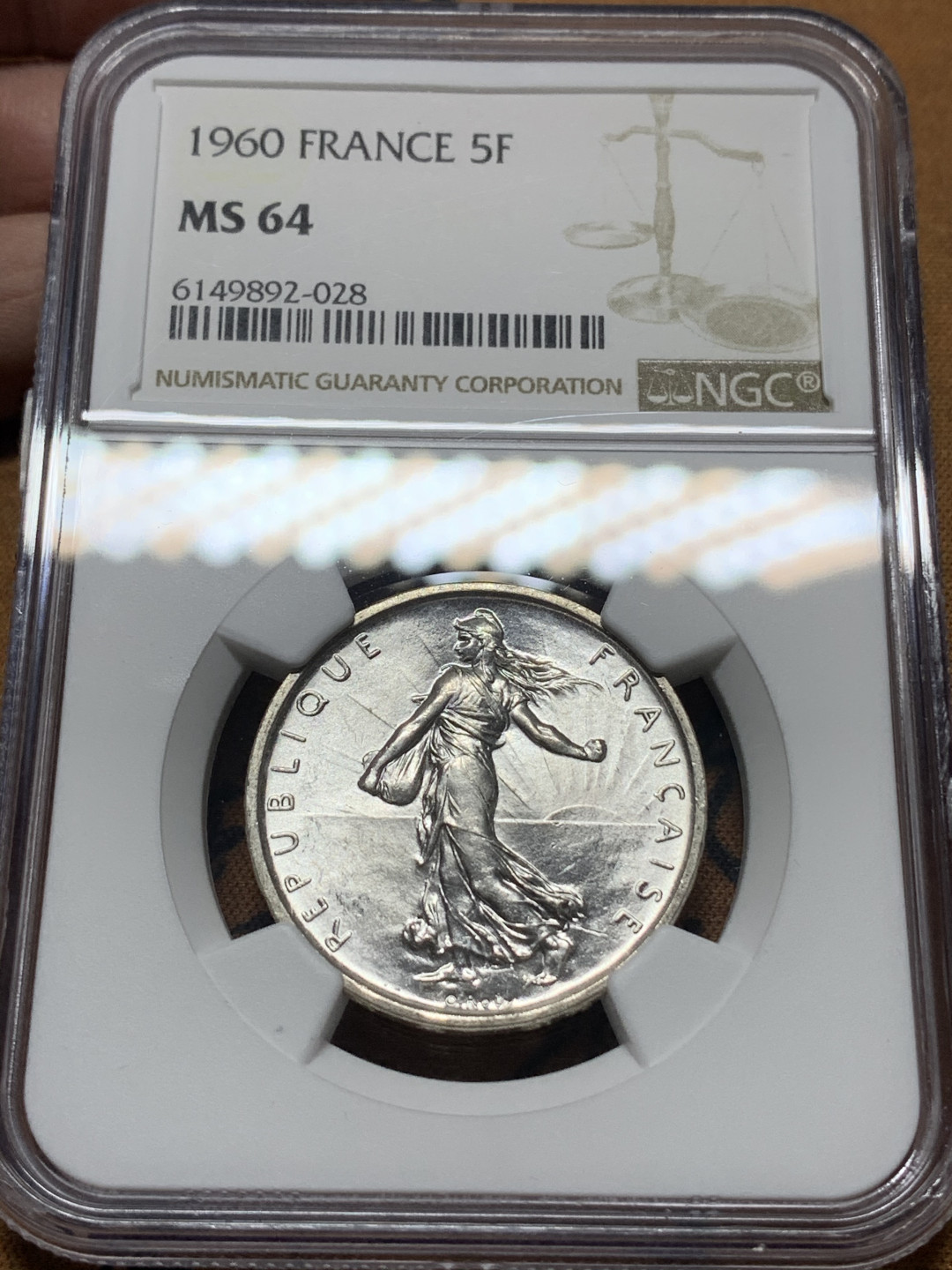 《竞宝斋》钱币微拍-第13场-本周日，周一2场连拍（全场顺丰包邮） NGC-MS64 法国 1960年 5法郎银币 播种女神 深打