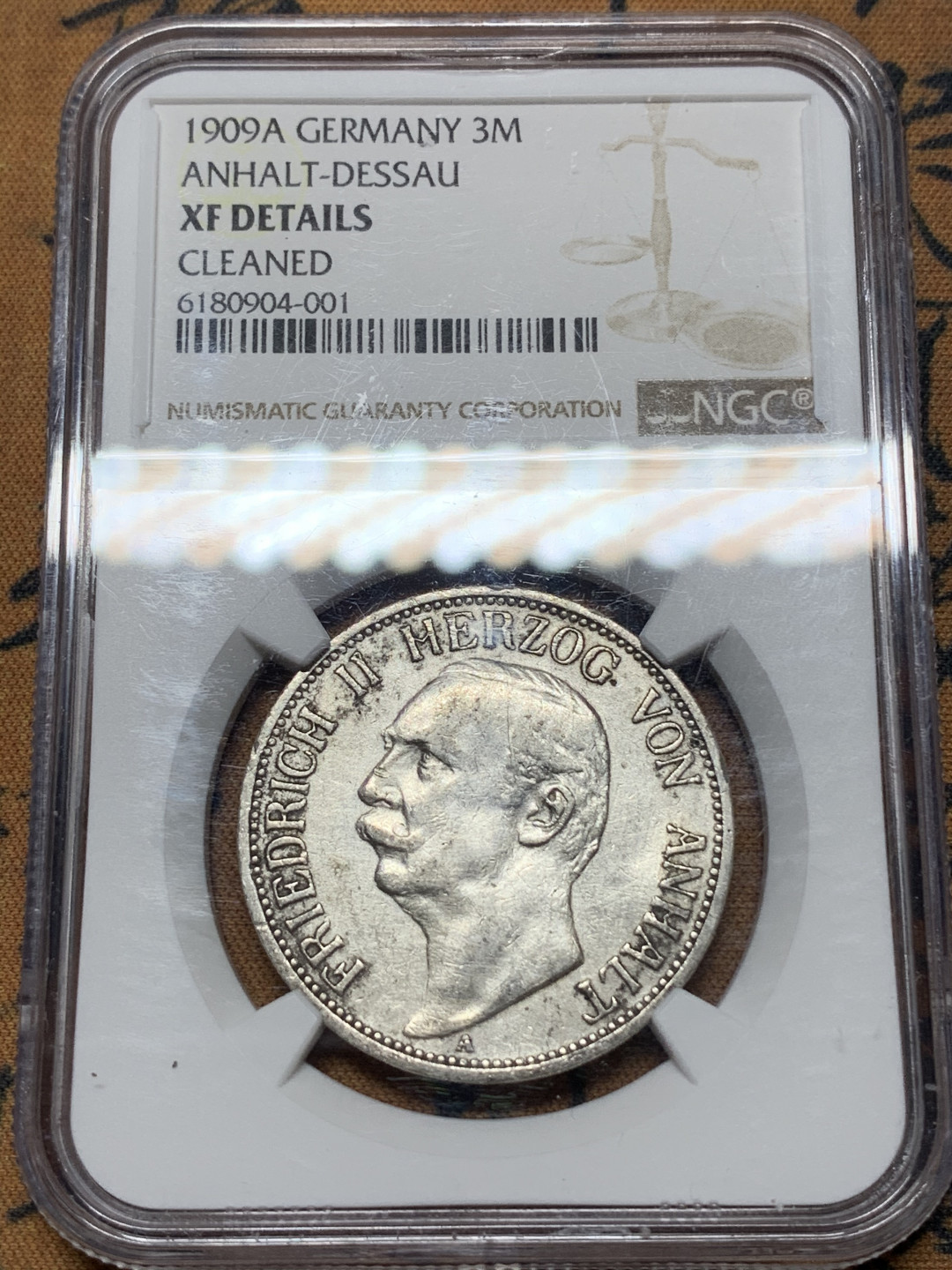 《竞宝斋》钱币微拍-第13场-本周日，周一2场连拍（全场顺丰包邮） NGC-XF 德国安哈特 1909-A年 3马克 银币 稀少的邦州币