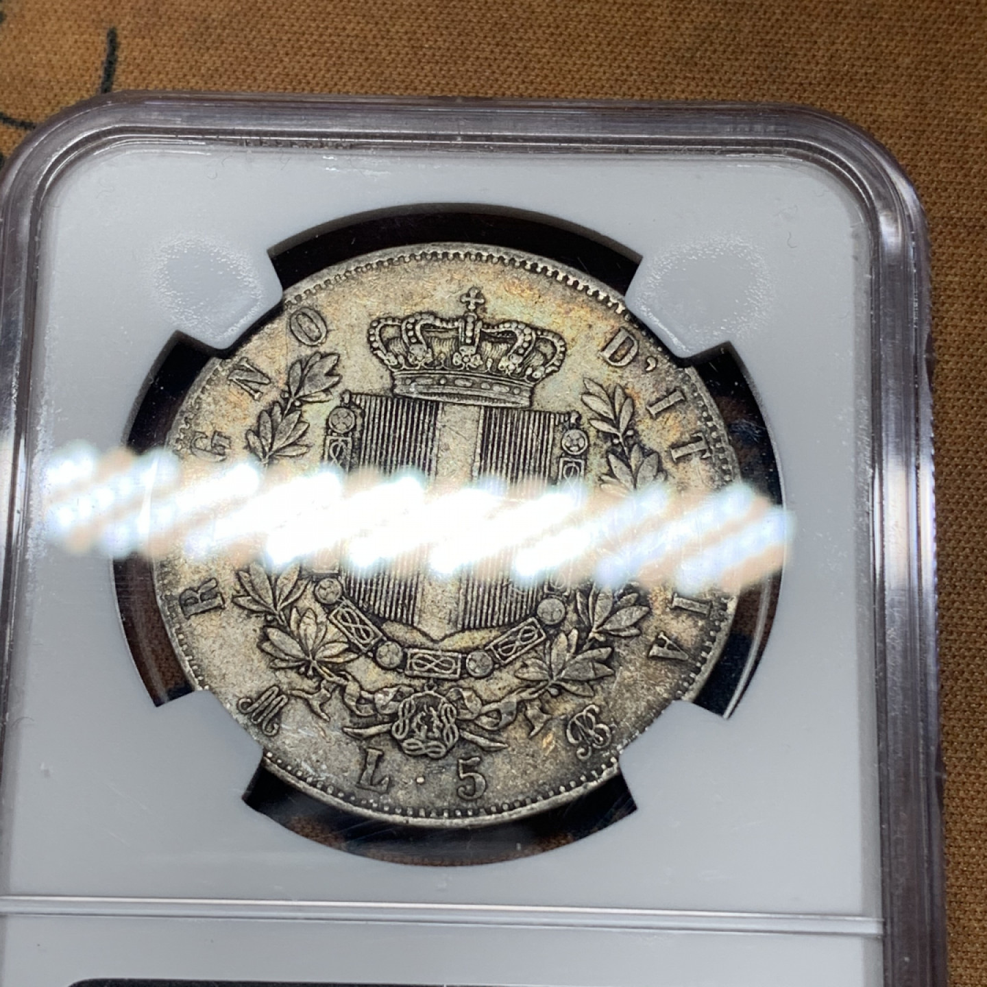 《竞宝斋》钱币微拍-第13场-本周日，周一2场连拍（全场顺丰包邮） NGC-XF45 意大利 1871-M年 5里拉 银币原味带彩 好品