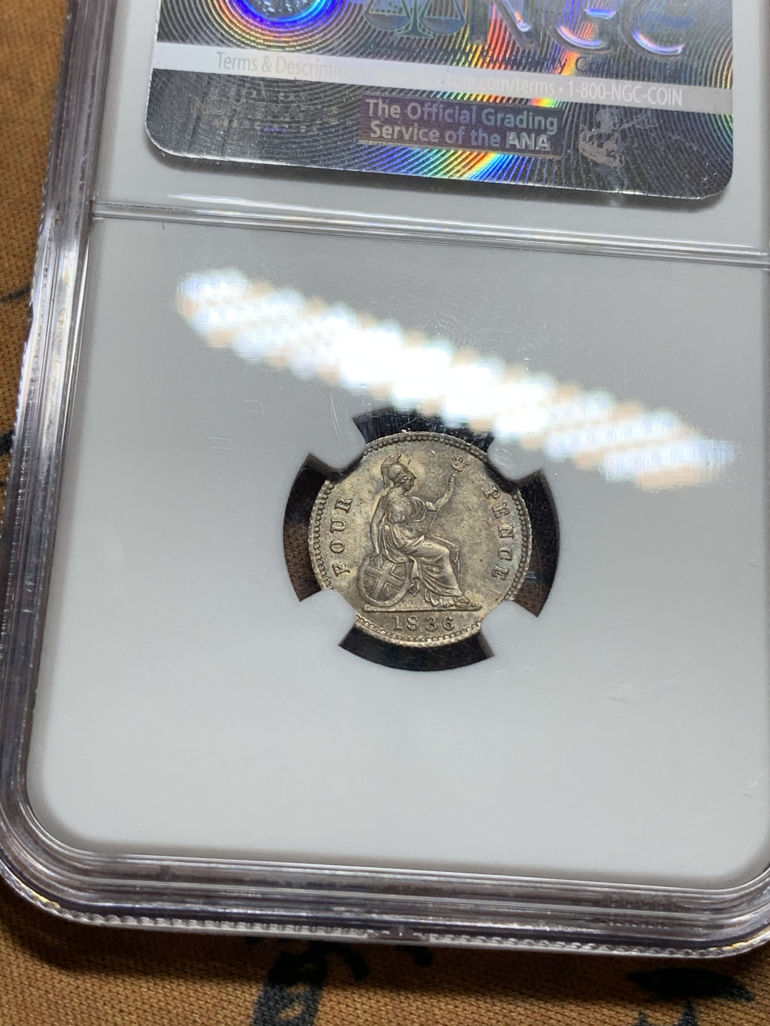 《竞宝斋》钱币微拍-第13场-本周日，周一2场连拍（全场顺丰包邮） NGC MS64 英国1836年威四4便士 NGC编号：4316415-004