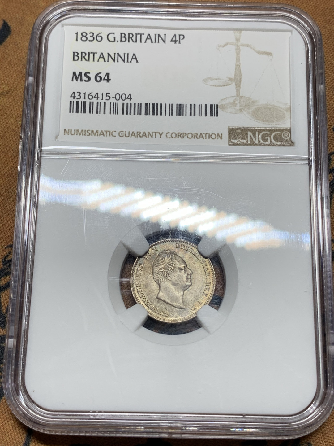 《竞宝斋》钱币微拍-第13场-本周日，周一2场连拍（全场顺丰包邮） NGC MS64 英国1836年威四4便士 NGC编号：4316415-004