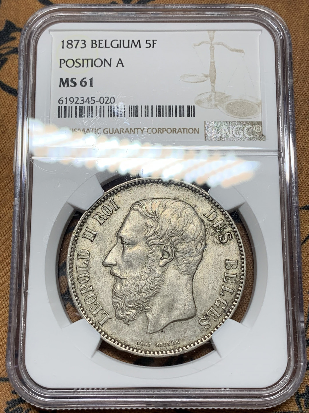 《竞宝斋》钱币微拍-第13场-本周日，周一2场连拍（全场顺丰包邮） NGC-MS61 比利时 1873年 利奥波德二世 5法郎 银币 原味带光 这样的东西也越来越难买到了