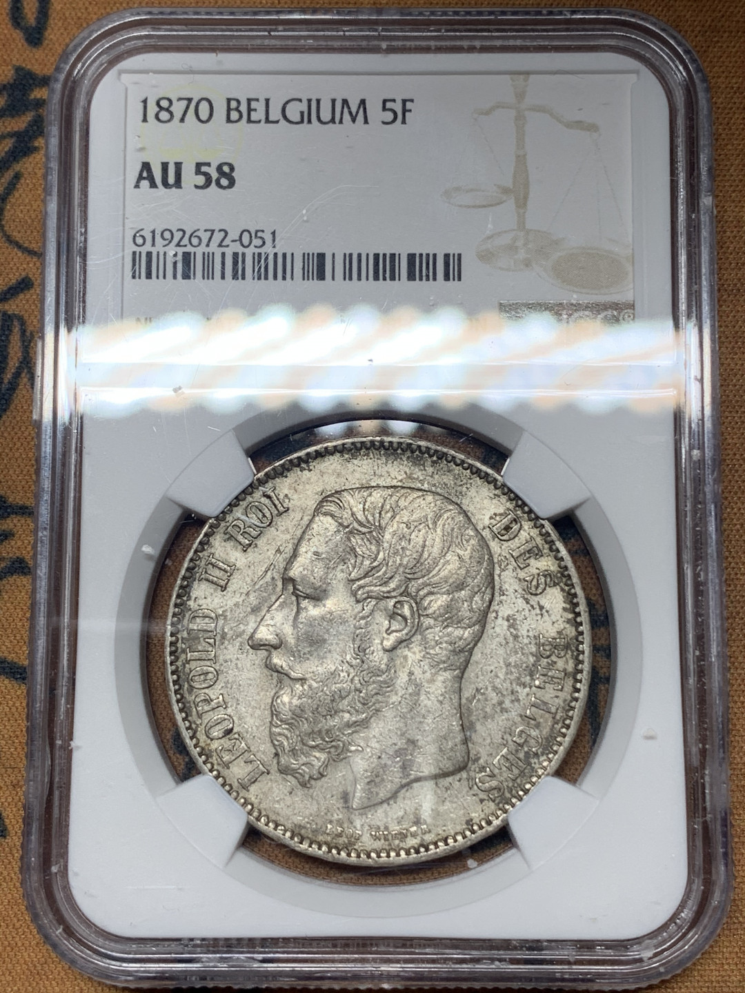 《竞宝斋》钱币微拍-第13场-本周日，周一2场连拍（全场顺丰包邮） NGC-AU58 比利时 1870年 利奥波德二世 5法郎 银币 原味带光