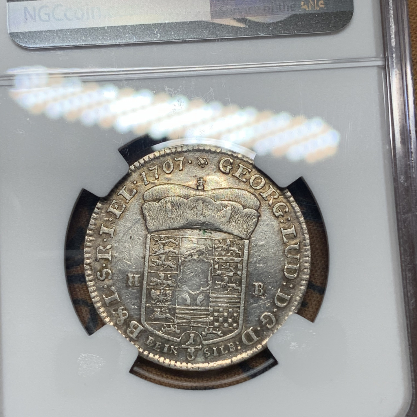 《竞宝斋》钱币微拍-第13场-本周日，周一2场连拍（全场顺丰包邮） NGC-XF 德国汉诺威 1707 HB年 耶稣背十字架 1/3泰勒 银币 少见品种
