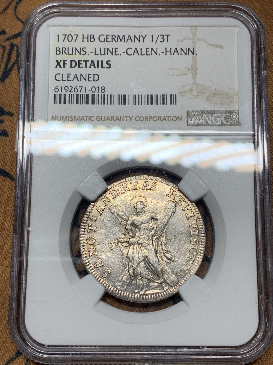 《竞宝斋》钱币微拍-第13场-本周日，周一2场连拍（全场顺丰包邮） NGC-XF 德国汉诺威 1707 HB年 耶稣背十字架 1/3泰勒 银币 少见品种
