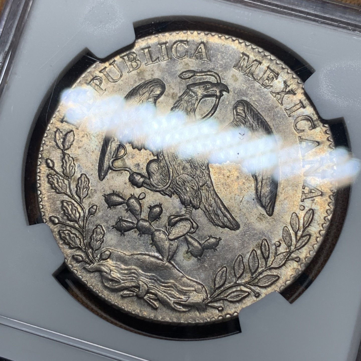 《竞宝斋》钱币微拍-第13场-本周日，周一2场连拍（全场顺丰包邮） NGC-AU58 墨西哥 1893年 鹰洋 8R 带彩老包浆 一流的味道